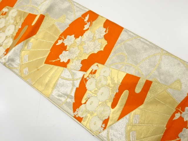 アンティーク　桧扇に万寿菊・楓模様織り出し袋帯（材料）